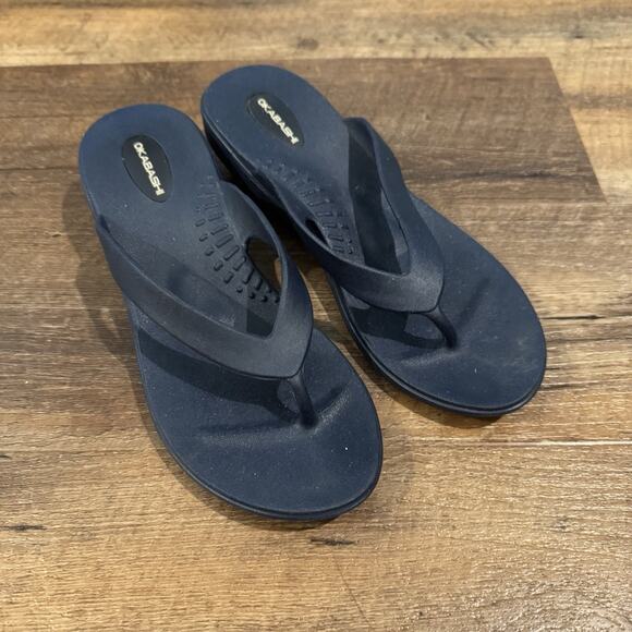 OKABASHI Breeze Flip Flops Woman’s Medium Blue Wedge Sandals Orthopedic Comfort - Picture 1 of 9